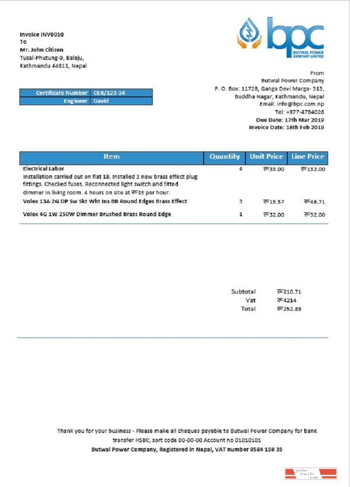 Nepal Butwal Power Company Limited electricity utility bill template in Word and PDF format